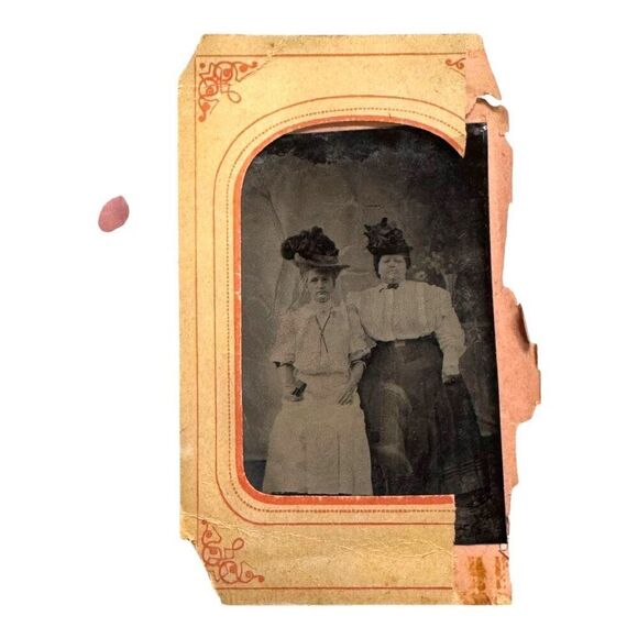Antique 19th Century Tintype Photograph Frame Fancy Hats Victorian Women Girls - Picture 1 of 5